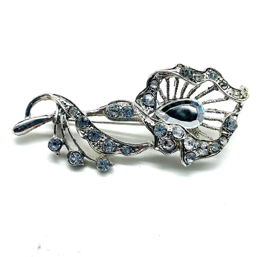 Silver Tone Rhinestone Bow Brooch Pin Openwork Ribbon Swirl Statement Jewelry